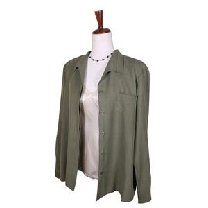 Vintage Linen & Silk Blend Safari Button Down Size L/XL Green Long Sleeve 90s